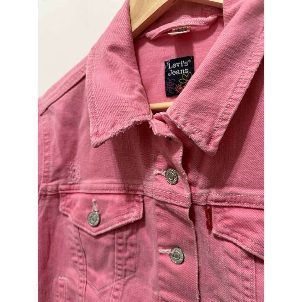 Levis Jeans Womens Medium Pink Distressed Cropped Denim Trucker Jacket WPL-423 - Picture 7 of 9